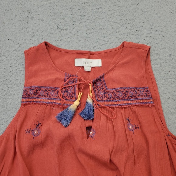 LOFT Boho Dress Womens XS Multi Embroidered Floral Pleated Sleeveless Tie Neck - Picture 8 of 10